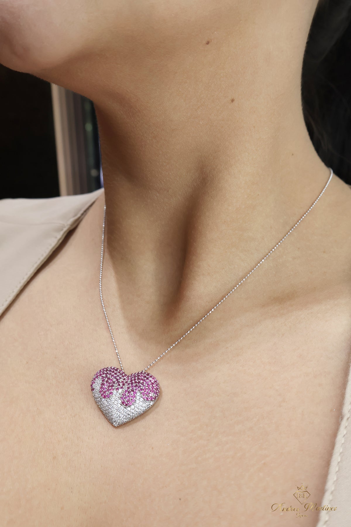 DIJE CORAZON ORO BLANCO RUBI Y DIAMANTE LAB 18K