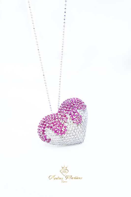 DIJE CORAZON ORO BLANCO RUBI Y DIAMANTE LAB 18K