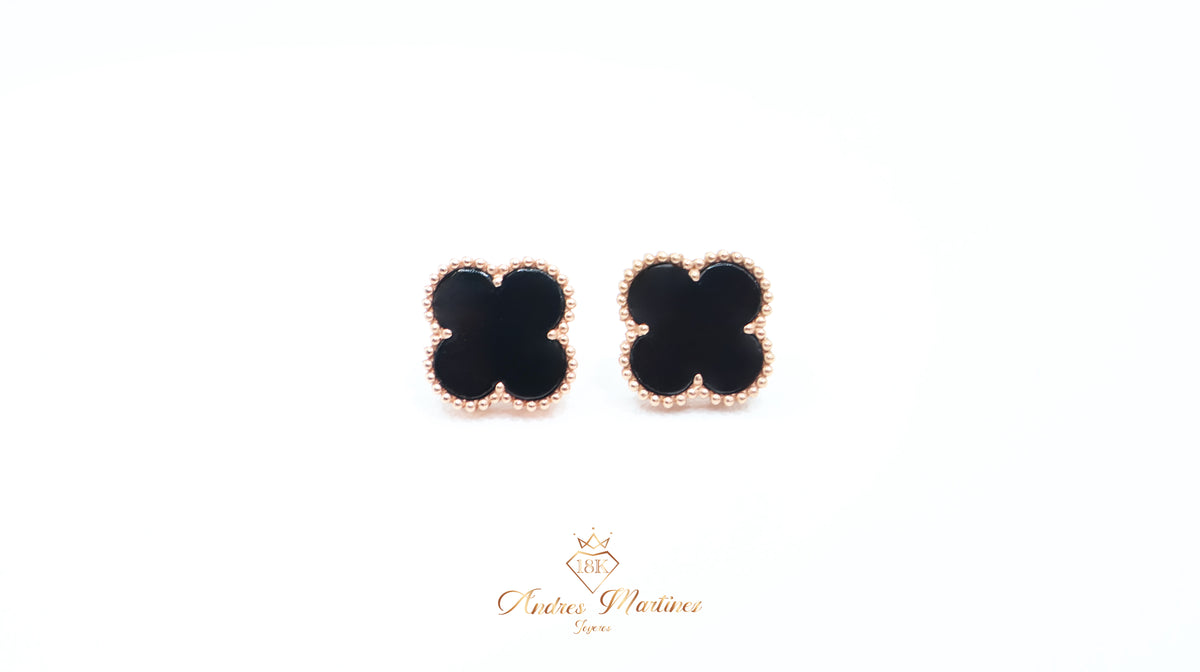 ARETES LUCKY CLOVER ONIX ORO ROSA 18K