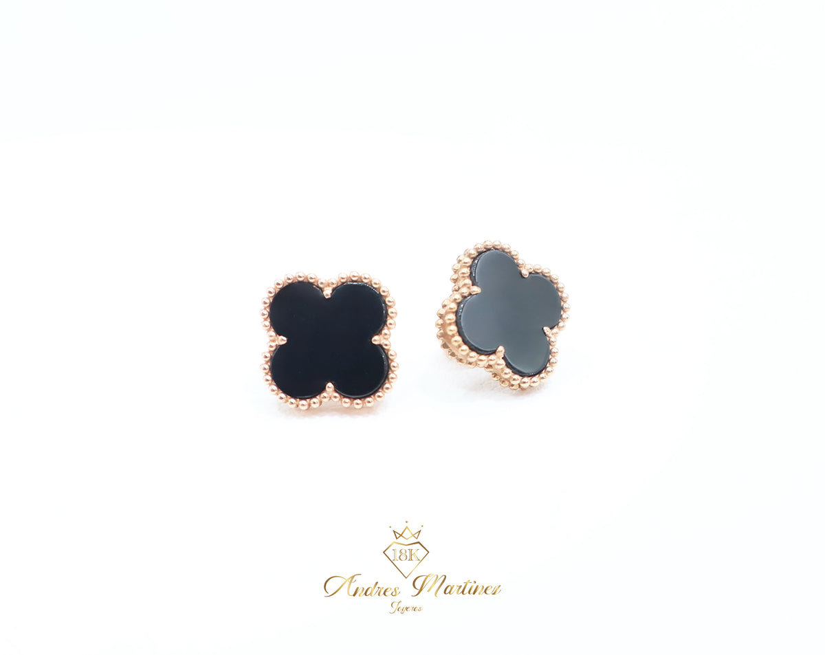 ARETES LUCKY CLOVER ONIX ORO ROSA 18K